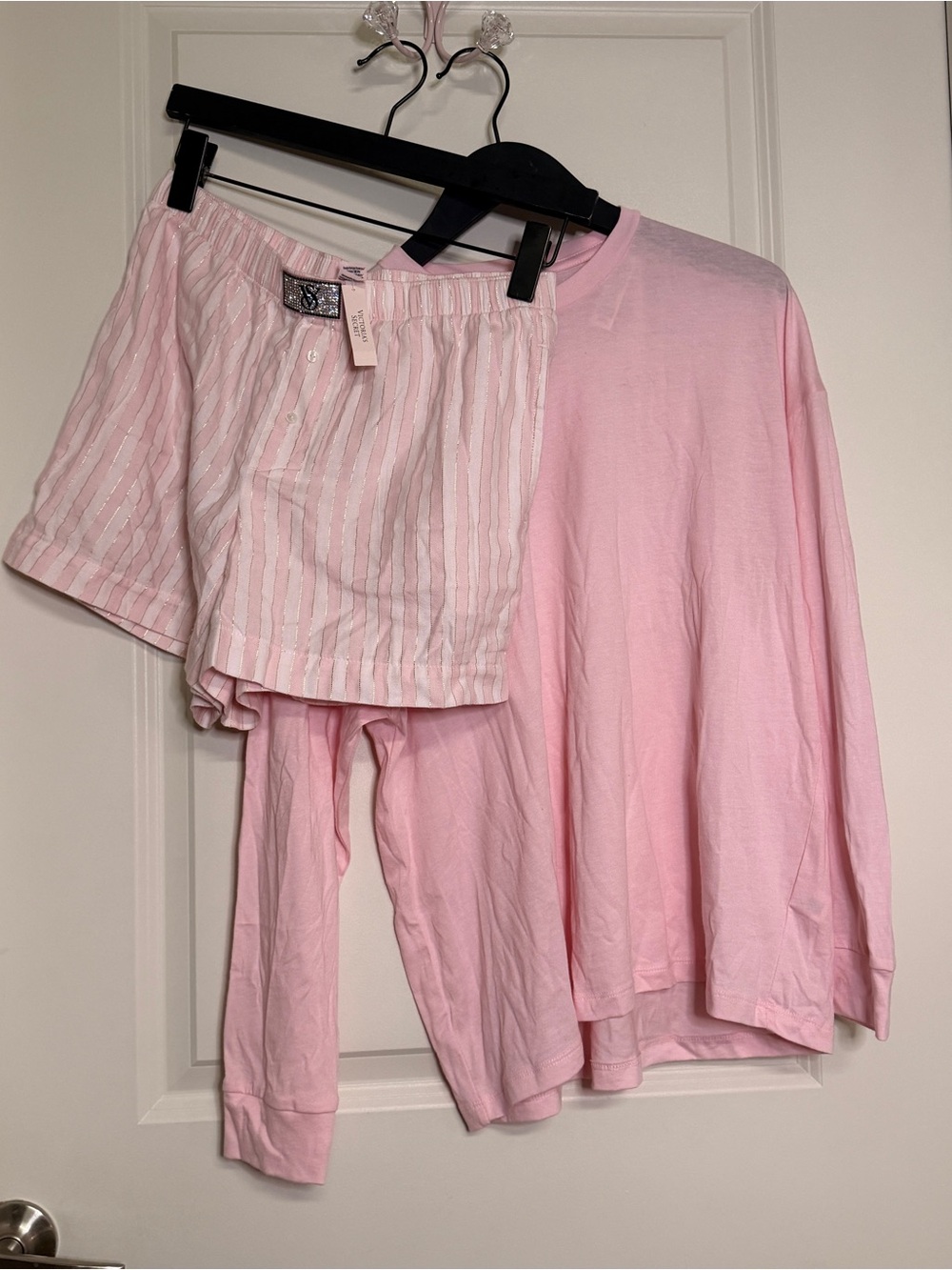 Victoria's Secret Light Pink Long-Sleeve Pajama Top with Striped Shorts